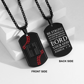RUOOUY Baseball Bible Verse Cross Necklace for Men Inspirational Bible Verse Dog tag Pendant Stainless Steel Chain 22+2 inch Sports Religious Jewelry Baseball Gift for Men（Be Strong-Black）