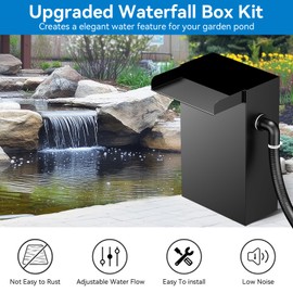 POPOSOAP Pond Waterfall Box with Pump Kit, 13.4" H Stainless Steel Waterfall Spillway with Filtration & 660GPH Pump & 9.8FT Tubing Outdoor Fountain Kit for Garden, Patio, Koi Pond, Backyard Decor
