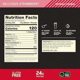 Optimum Nutrition Gold Standard 100% Whey Protein Powder, Delicious Strawberry, 2 Pound (Packaging May Vary)
