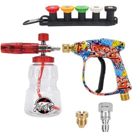 BEAR FORCE Pressure Washer Spray Gun Power Washer Short Gun with M22 Inlet-14mm & Foam Cannon Foam Gun with 5 Nozzles Tips #035 & 3/8'' Quick Connector, Additional Orifice Nozzle 1.10mm Car Washing
