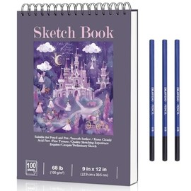 EDECOR 9"x12"Cuaderno de Boceto, Cuaderno de Dibujo Encuadernado En Espiral | 100 Hojas 68lb/100gsm Libreta de Dibujo Con 3 Lápices, Perfecto para Dib