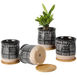 4 Inch Ceramic Plant Pot with Bamboo Tray, Retro Black Small Planters Pots with Drainage Hole & Mesh Pads for Succulent, Indoor Flowers, Snake Plants, Cactus, Herbs, Aloes - 4 Packs
