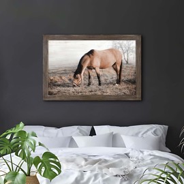 Horse Wall Art Picture Decor: Framed Wild Horse Wooden Print Wildlife Animal on Meadow Painting Western Country Artwork for Bedroom Living Room Home 36 x 24 Inches