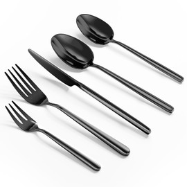 Oval Black 20-Piece Silverware Set, Forged Stainless Steel Flatware Set with European Design, Modern Cutlery Set, Service for 4, Dishwasher Safe