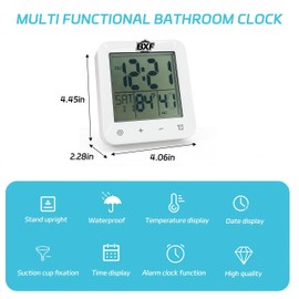 BXF SPORTS Digital Shower Clock Waterproof,Bathroom Extra Large LCD Screen Wall Clock Timer,Countdown,Moisture Proof,Anti Splash,Display Temperature,Time,Date and Week,Suction Cup,Hanging,Hole Stand