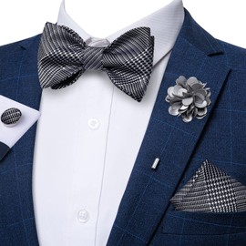 DiBanGu Bow Tie Self Tie for Men Black White Bowtie and Pocket Square Cufflinks Lapel Pin with Box Silk Woven Jacquard
