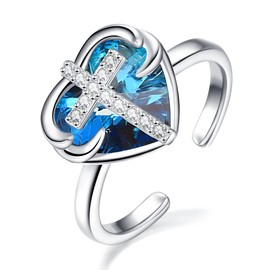 KINGWHYTE Angel Wing Open Ring for Women, 925 Sterling Silver Blue Crystal Heart Shape with Cubic Zirconia Cross Adjustable Ring, Jewelry Birthday Gifts for Lover Wife Girlfriend