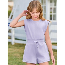 Haloumoning Girls Rompers Cap Sleeve Short Jumpsuits Kids Casual Drawstring Romper with Pockets 5-14 Years