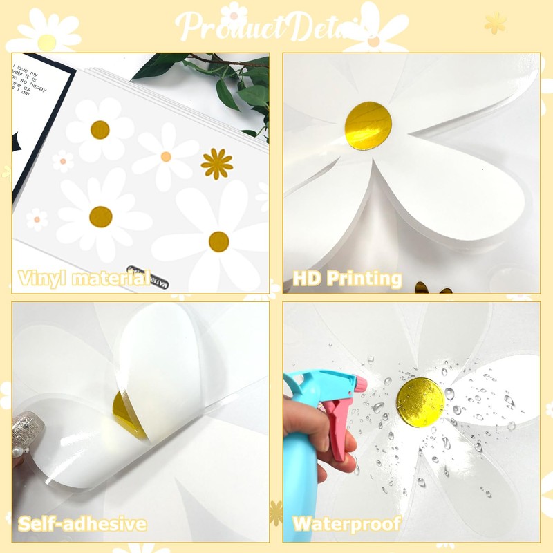 Boho Daisy Floral Wall Decals 9 Sheets White Gold Flower