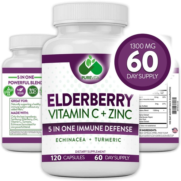 Elderberry with Zinc and Vitamin C for Adults - proprietary 5 in 1 blend with Turmeric and Echinacea - daily antioxidant and immune support supplement