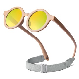 RIVBOS Baby Wrap Polarized UV400 Sunglasses - Soft Frame with Secure Strap for Infant and Newborn (0-24 Months) Peach Pink&Rainbow gold Lens RBK069