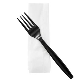 Karat PP Plastic Heavy Weight Cutlery Kits (Fork, 1-ply Napkin), Black - 500 kit