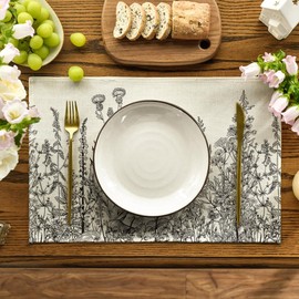Artoid Mode Grey Antique Herbs and Wild Flowers Spring Placemats Set of 4, 12x18 Inch Seasonal Table Mats for Party Kitchen Dining Decoration
