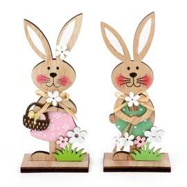 COCHIE Easter Bunny Decorations, Stand up Wooden Bunnies Easter Table Decorations for Easter Spring Home Office Decor Set of 2