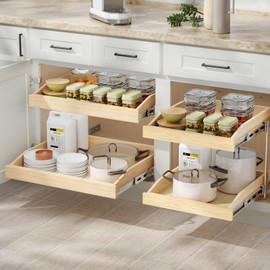 ROOMTEC 2 Tier Pull Out Cabinet Organizer, Double Tier Slide Out Wood Cabinet Organizer with U Bracket, Pull Out Drawers for Base Cabinet Organization in Kitchen, Pantry(16½"W x 21" D)