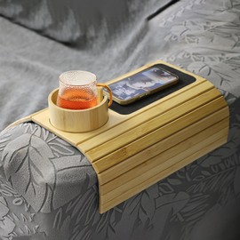 Bamboo Sofa Cup Holder with 360° Rotation and Magnet,Non-Slip Couch Drink Tray,Safe and Portable Armrest Table for Family,Holds Remote/Snacks/Cellphone/Drinks/Mouse