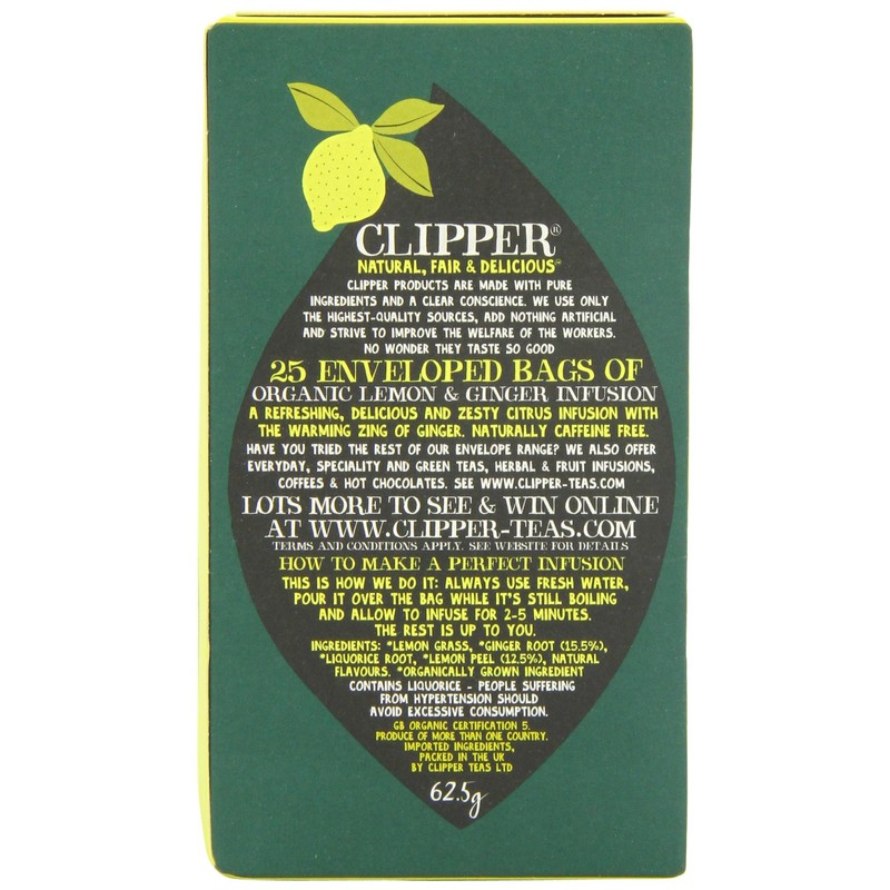 Clipper Organic Lemon and Ginger 25 Teabags (Pack of 3,