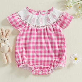 Nokpsedcb Baby Girl Easter Outfit Cute Puff Sleeve Bunny Bubble Smocked Romper Bodysuit Infant Spring Clothes (Pink Plaid, 12-18 Months)