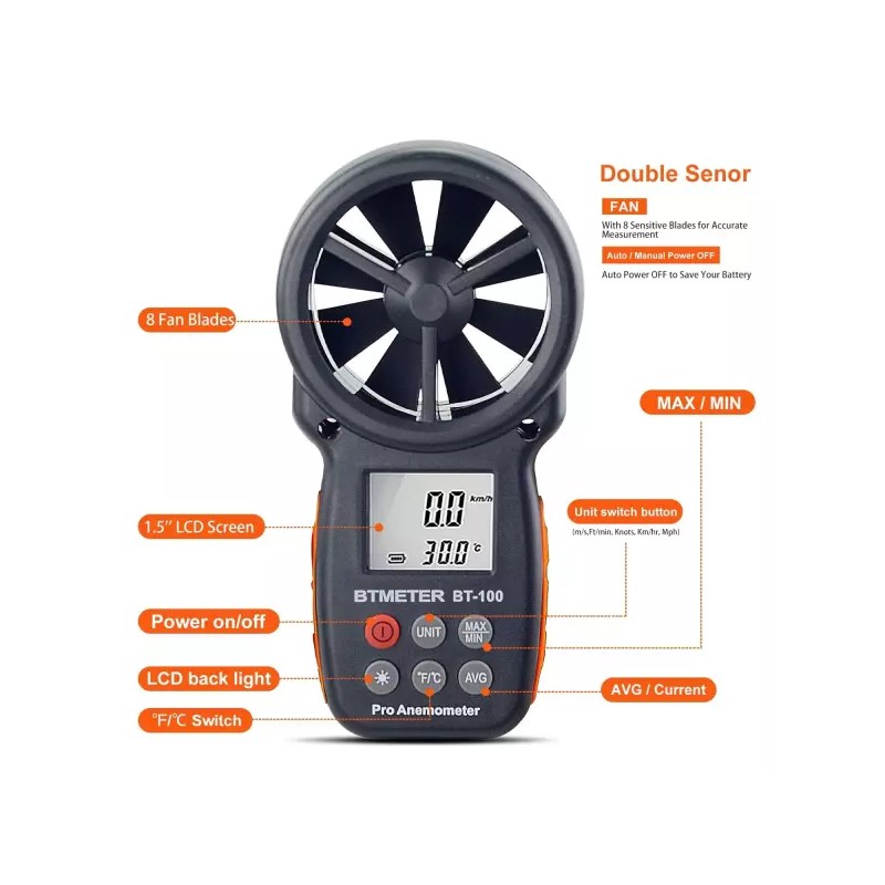 BTMETER BT-100 휴대용 풍속계 디지털 풍속 CFM 미터 게이지 공기