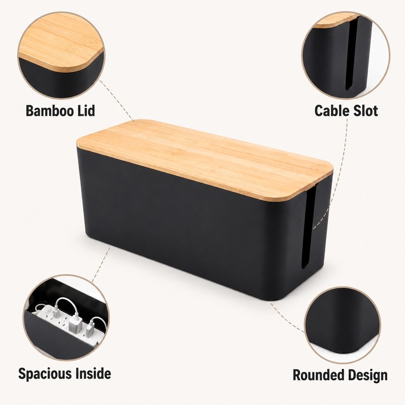 Cable Management Box for Power Strips & Cords - Bamboo