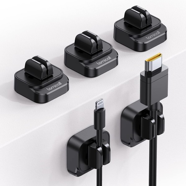 Lamicall Spring Type Cable Holder, USB/LAN/Wire Cable Clip, Vertical Surface, Strong Double Sided Tape, Table/Desk, Kitchen, Car, Drop Prevention, ABS Resin, Accesory/Audio Cord, Black (Set of 5)