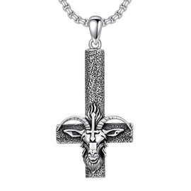 ROMANTICWORK Satanic Necklace 925 Sterling Silver Baphomet Goat Head Upside Down Cross Pendant Satan Pendant Inverted Cross Satanic Jewelry Gifts for Men Women