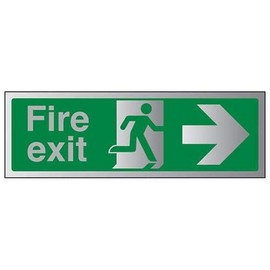 VSafety Fire Exit-Fire Exit Arrow Right Sign - 300mm x 100mm - 3mm Brushed Alu Comp