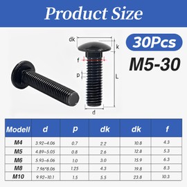 Pack of 30 Carriage Bolts M5 x 30 mm Flat Head Screws Stainless Steel Black Galvanised Screws M5 with Hexagonal Flange Nuts DIN 6923 Gate Hinge Screws for Construction Industrial Machinery