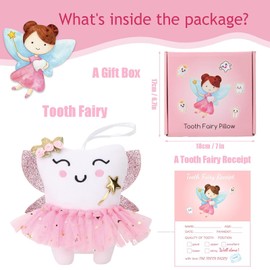 SQIMZAR Tooth Fairy Pillow,Tooth Fairy Plush Dolls for Girls with Pocket and Glittering Wings,Tooth Fairy Gifts for Girls