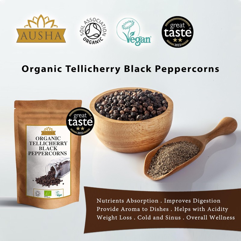 Ausha Organic Tellicherry Black Peppercorns 500g Whole | 2**Star GREAT
