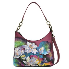 Anna by Anuschka Women’s Original Leather Hand-Painted Hobo Shoulder Bag, Lotus Blossoms