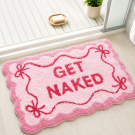 Drydiet Get Naked Bath Mat Pink Bow Bathroom Rugs 32" x 20" Funny Scalloped Bathroom Decoration Non-Slip Machine Washable Absorbent Plush Bath Floor Carpet for Party Gifts Bathtub Shower