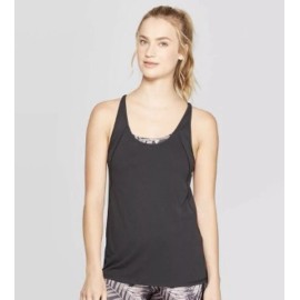 c9 by champion CHAMPION Womens 2-in-1 Bra Athletic Tank Top Black Gray Leaf Print Open Back M