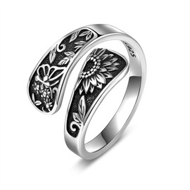 SHEAISRS Sunflower Spoon Ring 925 Sterling Silver Vintage Adjustable Antique Spoon Ring for Women with Bohemian Flower Wide Thumb Butterfly Ring
