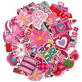 AXEN 32pcs Girls Pink Iron on Patches, Girl Power Themed Patches Embroidered Applique for Clothing, Jackets, Hats, Backpacks, Jeans