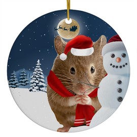 Festive Winter Night Pet and Snowman Ornament - Brown Hamster Christmas Ornament Circle Ceramic - Funny Holiday Xmas Tree Decoration Gifts for Hamster Lovers