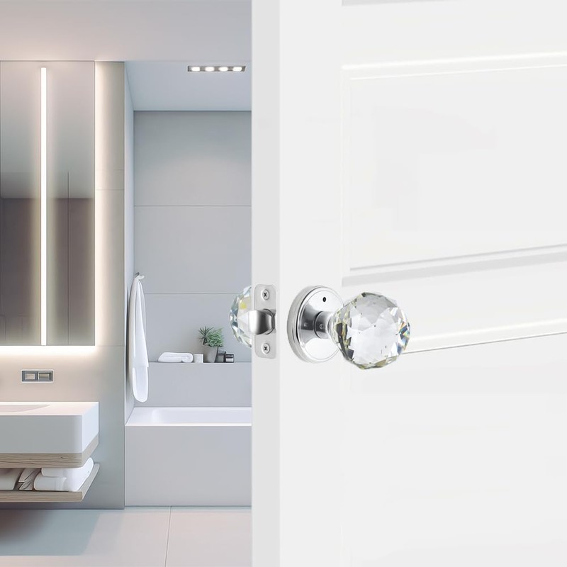 CLCTK Crystal Glass Door Knobs Interior with Lock, Round Bathroom