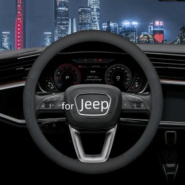 Yangday Leather Steering Wheel Cover for Jeep Wrangler Grand Cherokee Compass, 14.5-15 inches Car Steering Wheel Cover with Non-Slip Breathable (Black)
