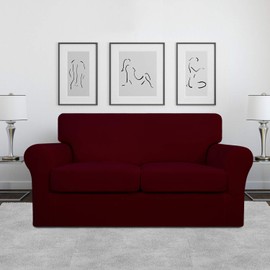 Easy-Going 3 Pieces Stretch Soft Couch Cover for Dogs - Washable Sofa Slipcover for 2 Separate Cushion Couch - Elastic Furniture Protector for Pets, Kids (Loveseat, Wine, Medium)