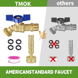 TMOK Full Flow 1/2" MIP Inlet x 3/4" MHT Outlet Outdoor Faucet & Adjustable Twist Hose Nozzle, Heavy-Duty Brass 3/4" GHT Hose Sprayer with 4 Garden Hose Rubber Washers, Teflon Tape