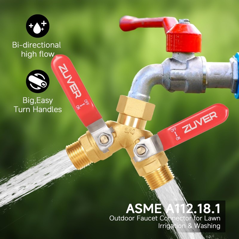 ZUVER Garden Hose Splitter 2-Way Heavy Duty Solid Brass Y