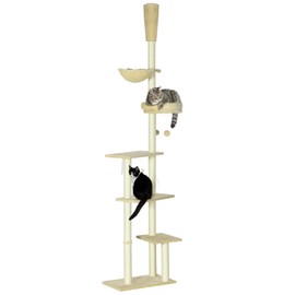 PawHut Adjustable Cat Tree Indoor, Floor to Ceiling Cat Climbing Tower with Carpeted Platforms, Cozy Bed, Hammock, Scratching Posts, Toy Balls, Activity Center for Kittens - Beige