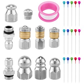 Gosknor 10pcs Sewer Jetter Nozzle Kit with 1/4" & 3/8" NPT Quick Connectors, with Needles & Tape Stainless Steel Pressure Drain Jetting Hose Nozzle for Pressure Washer Sewer Jet Cleaning Tool 5000 PSI