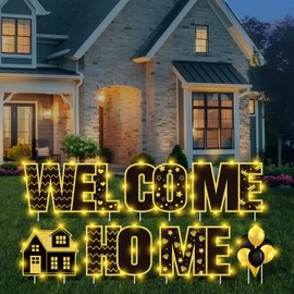 7PCS Black Gold Welcome Home Yard Signs with Stakes LED Light Welcome Home Lawn Sign for Patriotic Homecoming Military Army Deployment Returning Family Reunion Garden Yard Decorations