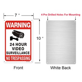 24-Hours CCTV Video Surveillance No Trespassing Warning Sign, 2 Pack 25x18cm Metal Warning Sign for House&Yard, Pre-Drilled Holes for Easy Mounting, Rust-Free/Fade Resistance Aluminium