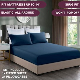 NIM TEXTILE Luxury Sheets 1600 TC Softness Deep Pocket 3pc Fitted Sheets Set - 1 Fitted Sheet and 2 Pillowcases - Milano Collection Bedding - Navy Blue, Full