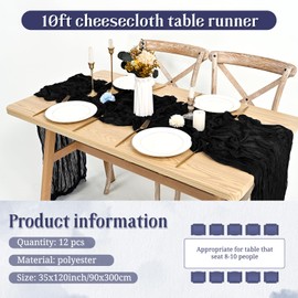 LOKUME 12 Pack Black Cheesecloth Table Runner 10ft Rustic Gauze Table Runner 35 x 120 Inch Cheese Cloth Table Runner Boho Decoration for Wedding Bridal Shower Birthday Party, ZB879A