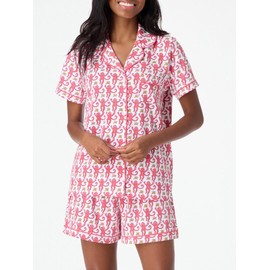 Springcmy Womens Monkey Pajamas Set 2Pcs Button Down Graphic Top+Y2k Shorts Set Roller Dupes Loungewear Pjs Nightwear Sleepwear (A-Pink, L)