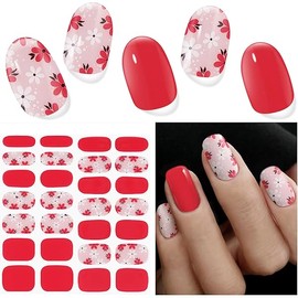 Semi Cured Gel Nail Strips, 28 Pcs UV Gel Nail Stickers, Long Lasting Gel Nail Strips, Salon Quality Gel Nail Wraps for Home, Includes Prep Pads, Nail File & Wood Stick(Red Pink Flowers)