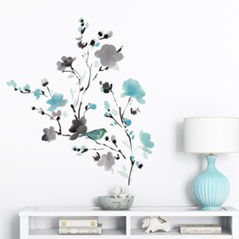 FUFUQUARE Flores Playa Pegatinas de Pared Azul Tinta China Flores Arte de Pared Pegatinas Impermeables Decoraciones para Dormitorio Sala de Estar Sofá TV Fondo